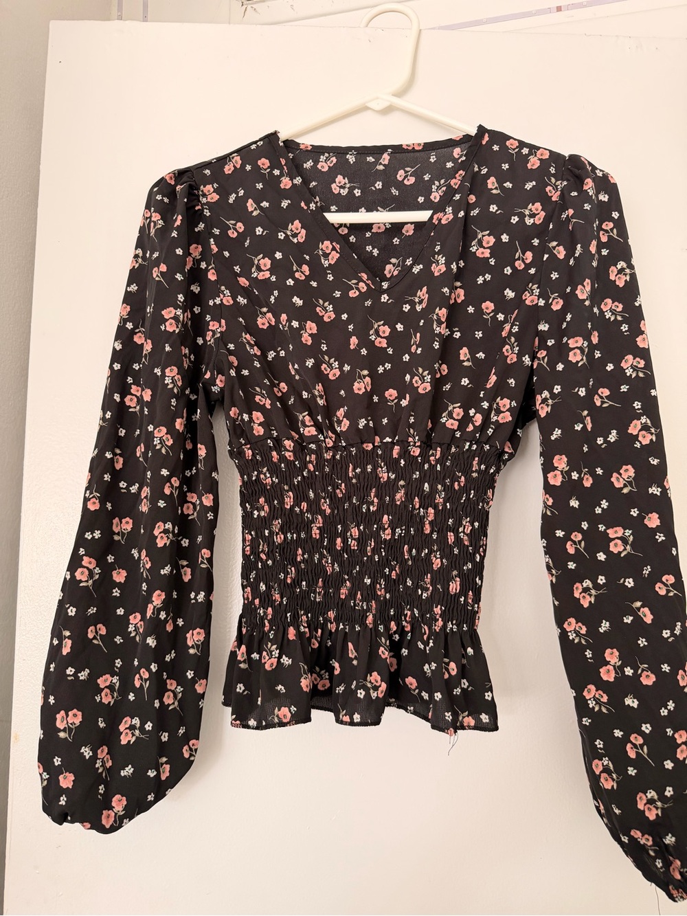 Smocked Floral V-Neck Long-Sleeve Top - Black with Pink Floral